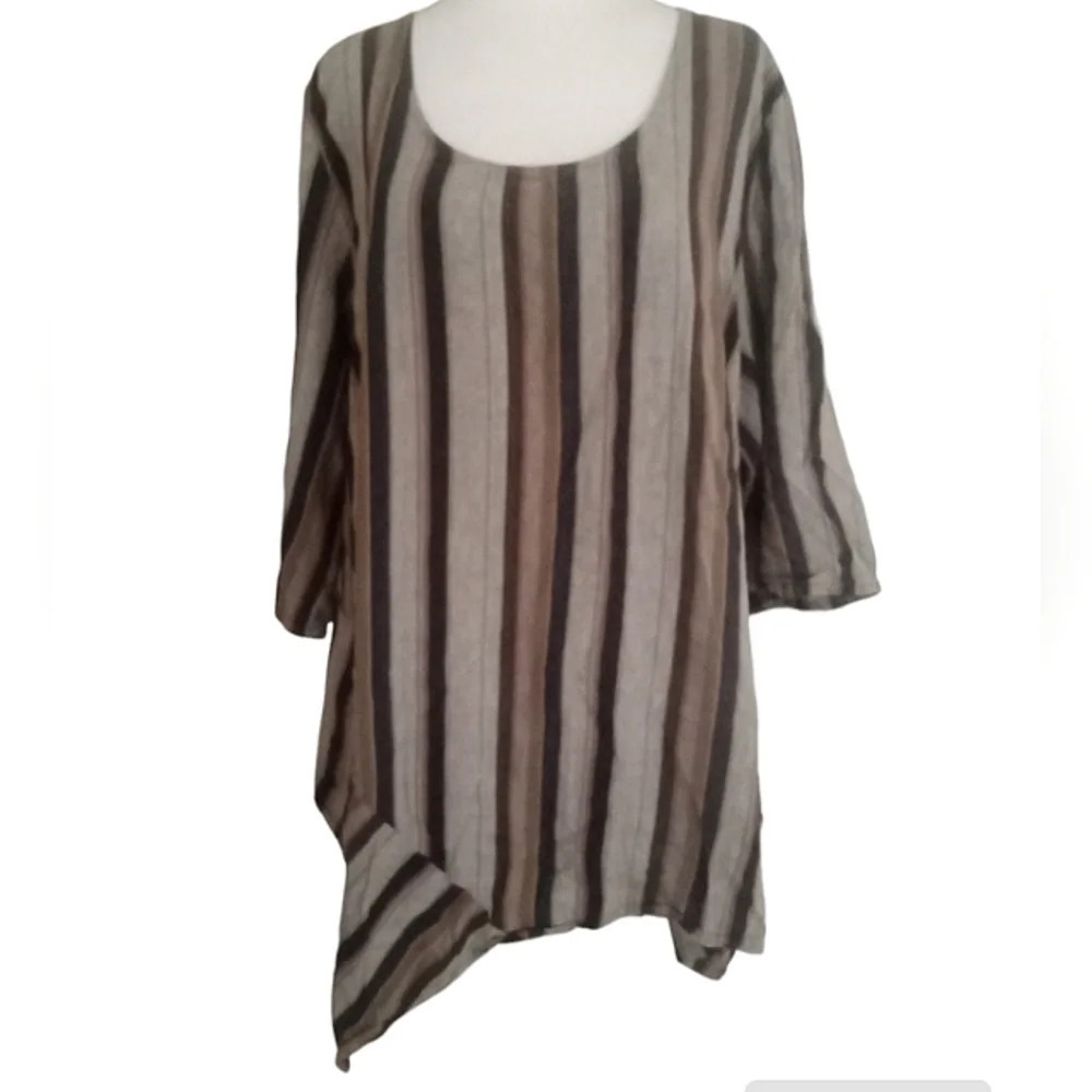 Jones New York Muted Stripe Cotton Linen Blend Asymmetrical Hem Blouse Size 3X